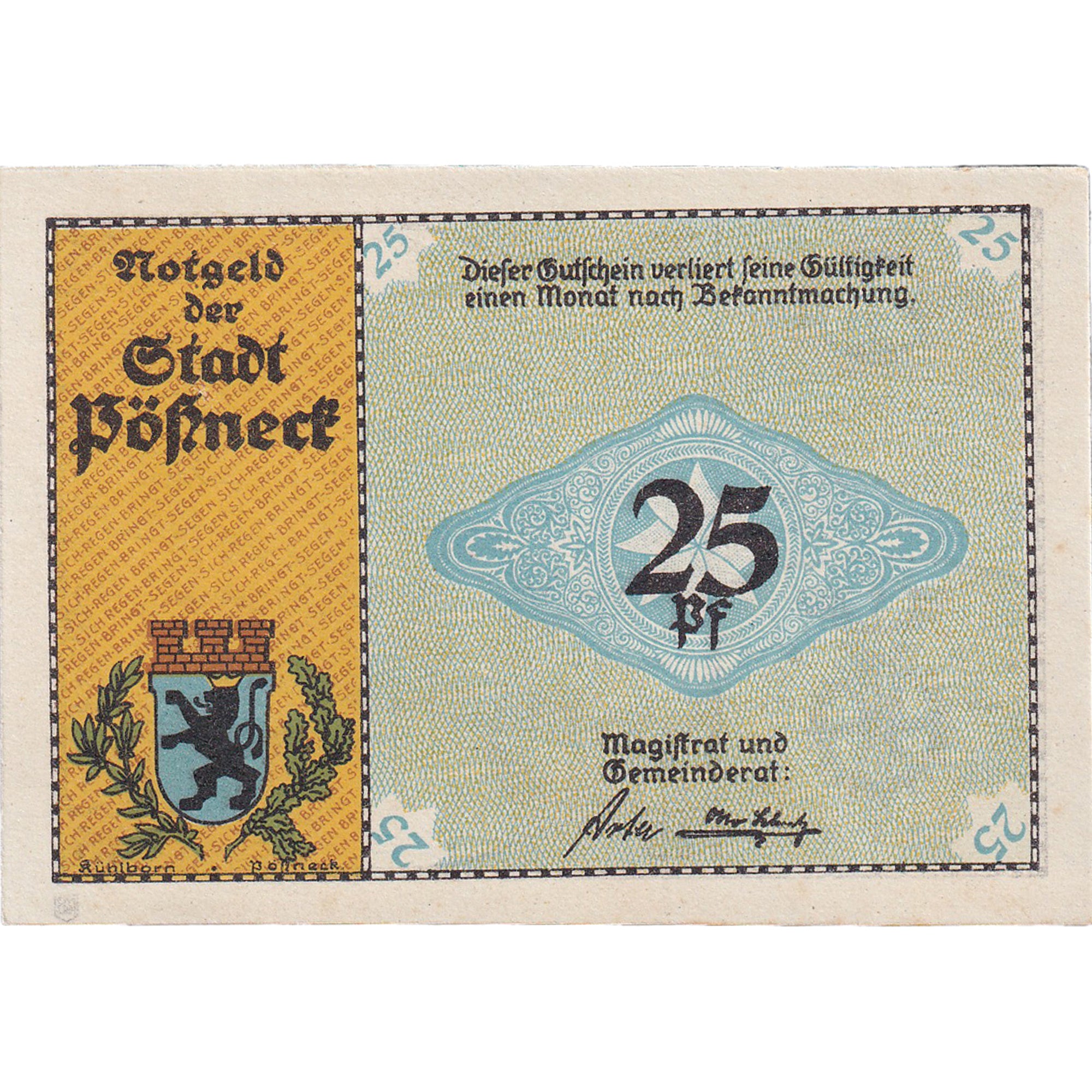 Billet, Allemagne, Possneck, 25 Pfennig, imprimerie, 1921, SPL, Mehl:1066.6