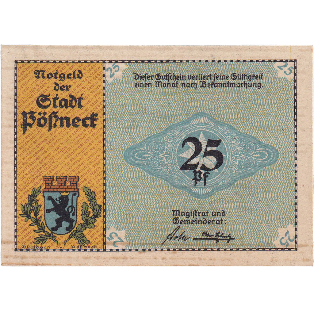 Banconote, Germania, Possneck, 25 Pfennig, rue, 1921, SPL, Mehl:1066.6