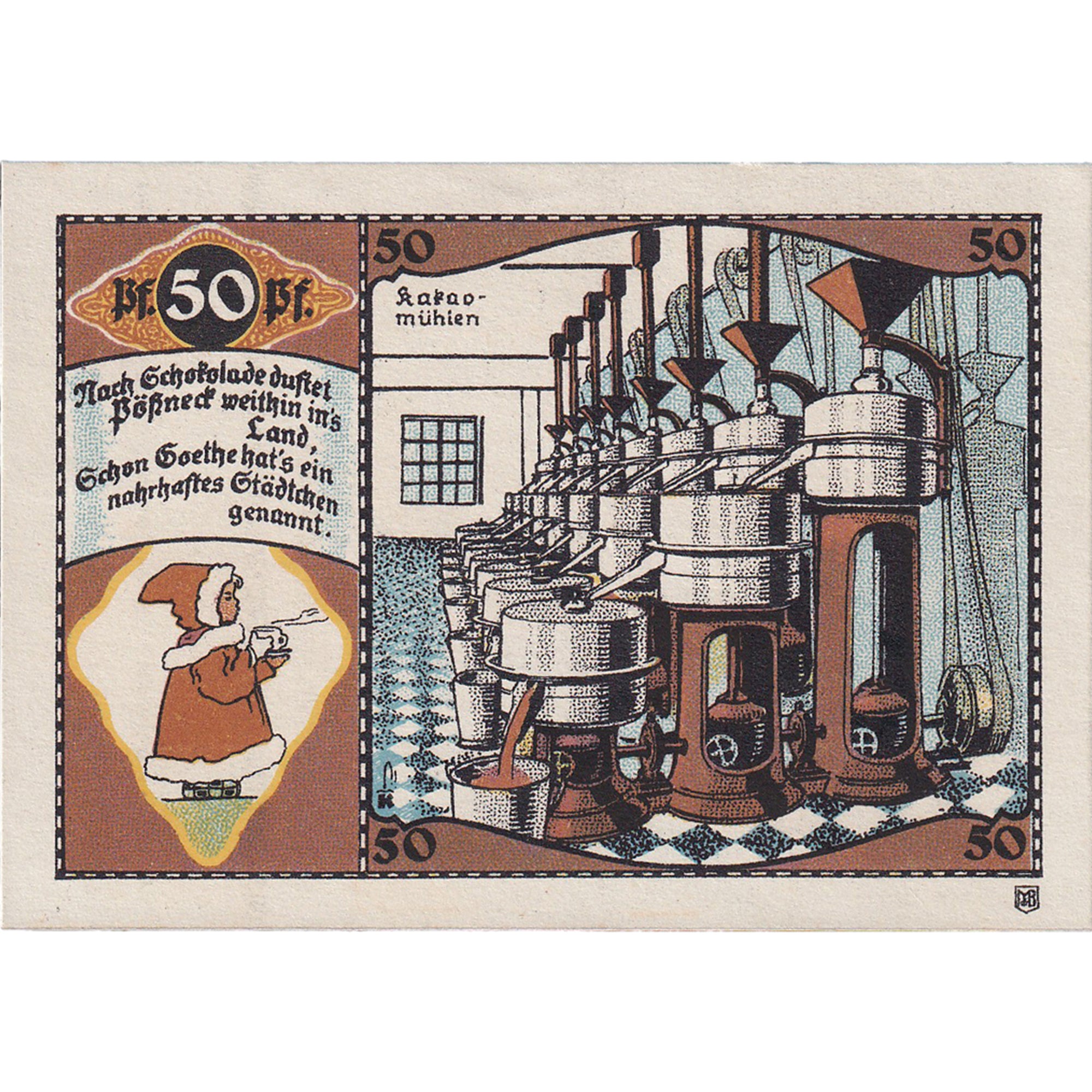Banknot, Niemcy, Possneck, 50 Pfennig, CHOCOLATERIE, 1921, UNC(63), Mehl:1066.6