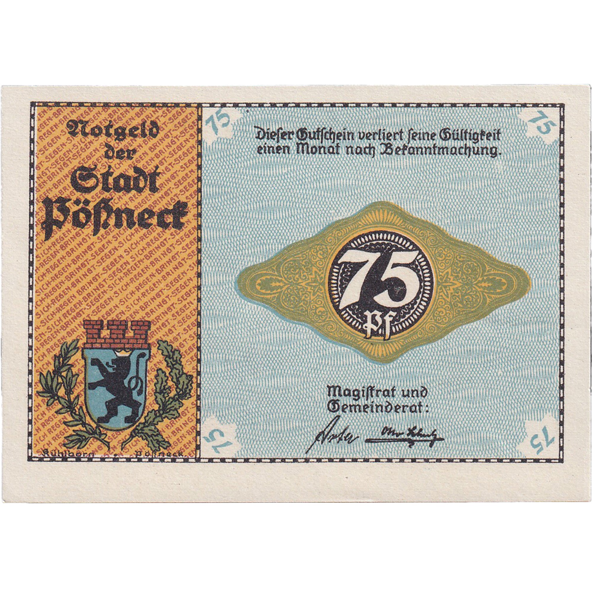 Banknot, Niemcy, Possneck, 75 Pfennig, machine, 1921, UNC(65-70), Mehl:1066.6