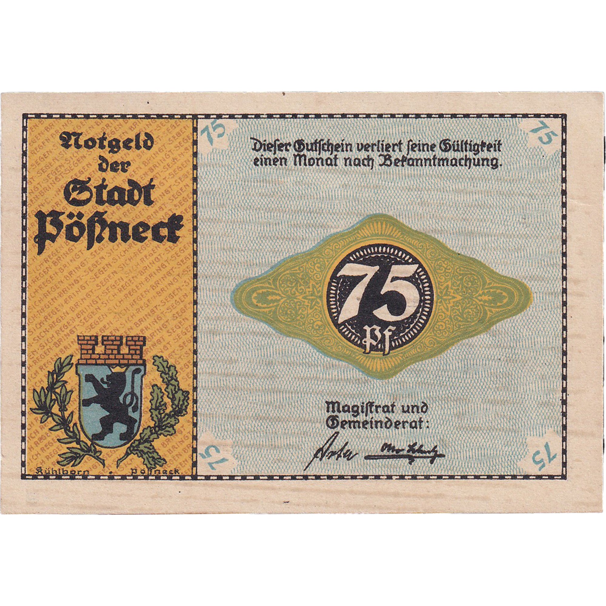 Banconote, Germania, Possneck, 75 Pfennig, filature, 1921, SPL, Mehl:1066.6