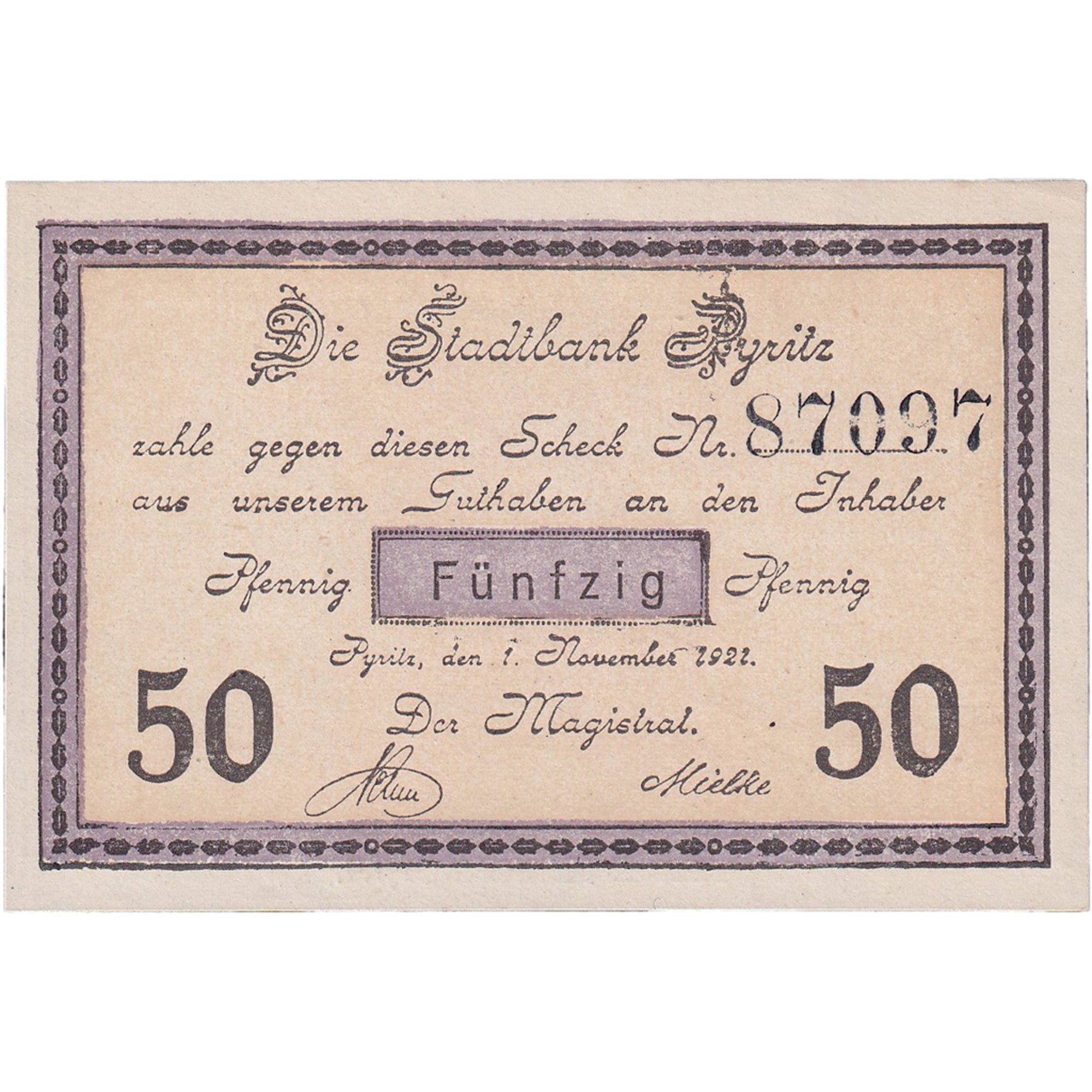 Banknot, Niemcy, Pyritz, 50 Pfennig, château 1921-11-01, UNC(63) Mehl:1083.2a