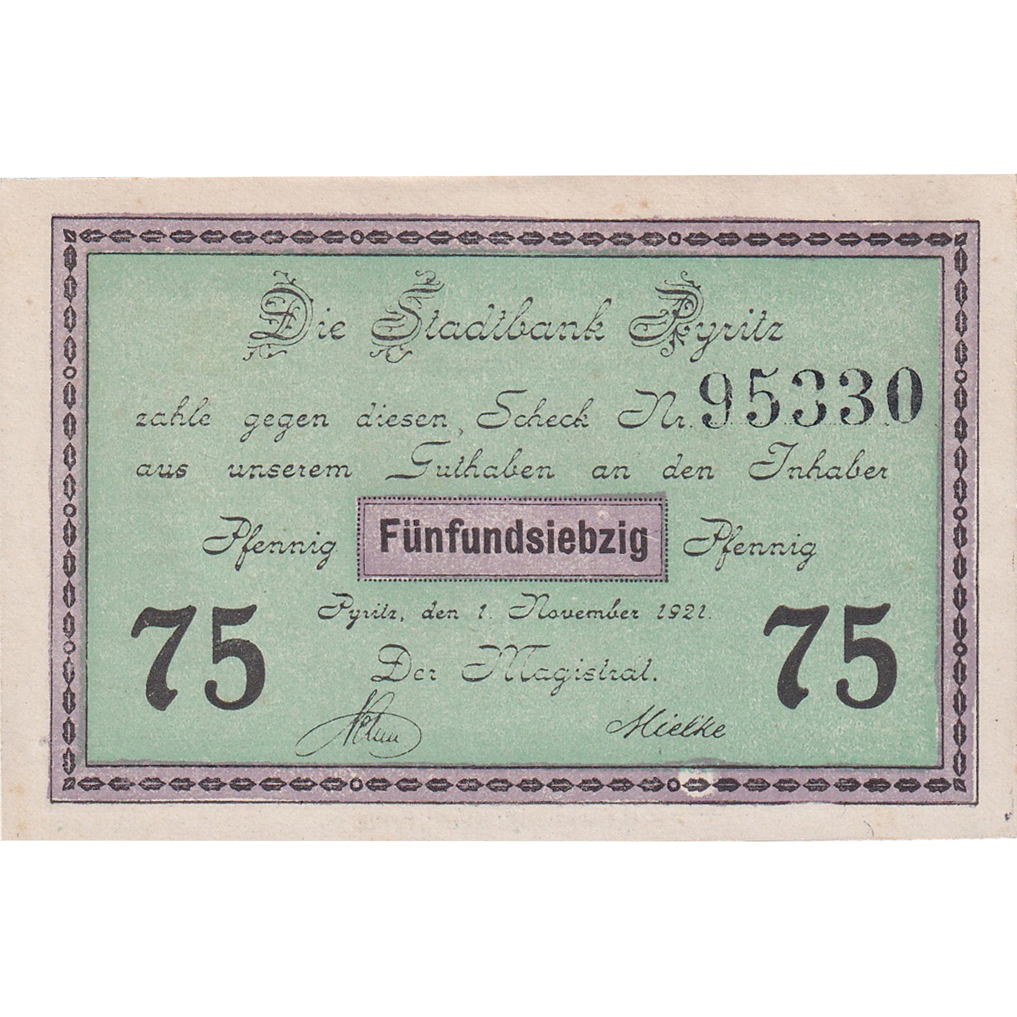 Banconote, Germania, Pyritz, 75 Pfennig, portrait 1921-11-01, SPL Mehl:1083.2b