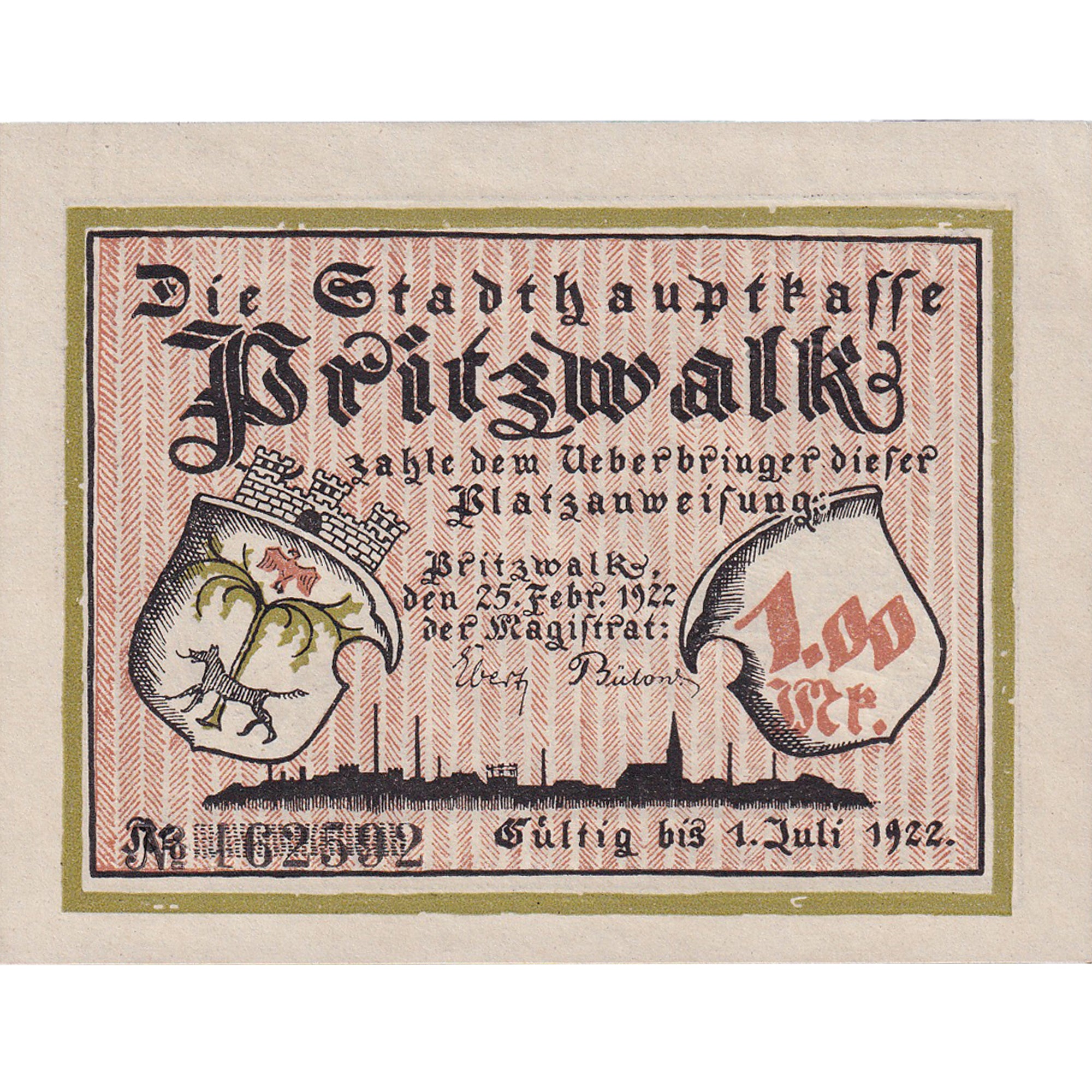 Geldschein, Deutschland, Pritzwalk, 1 Mark, chevalier, 1922 UNZ- Mehl:1077.1