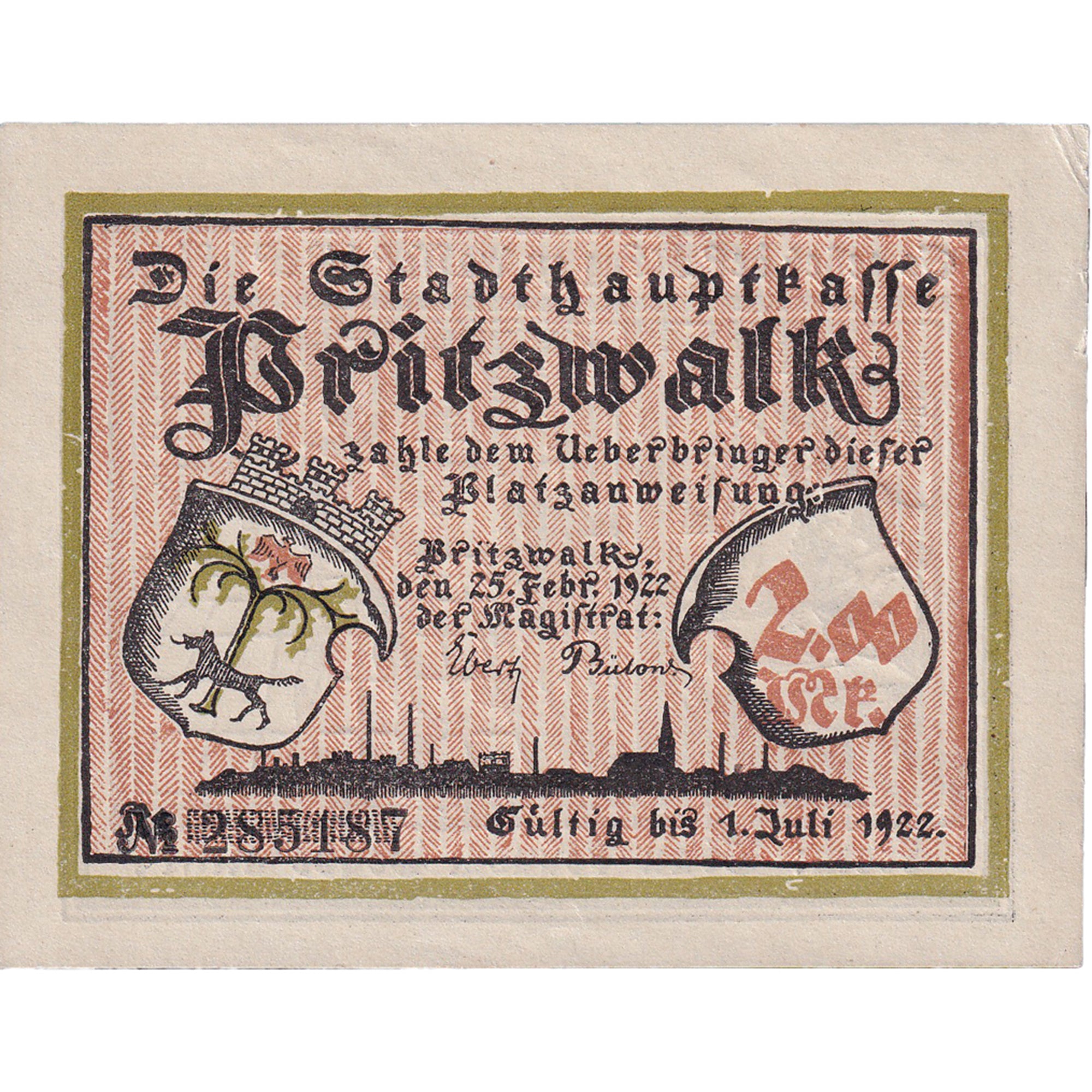 Banconote, Germania, Pritzwalk, 2 Mark, personnage 1922-07-01, SPL Mehl:1077.1