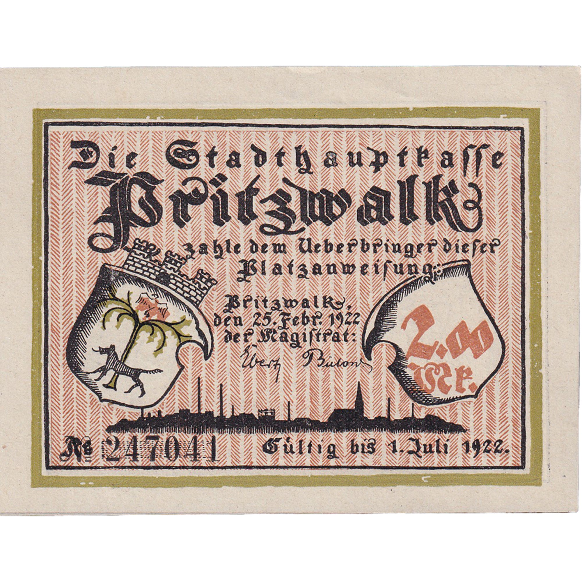 Geldschein, Deutschland, Pritzwalk, 2 Mark, Blason 1922-07-01, UNZ- Mehl:1077.1