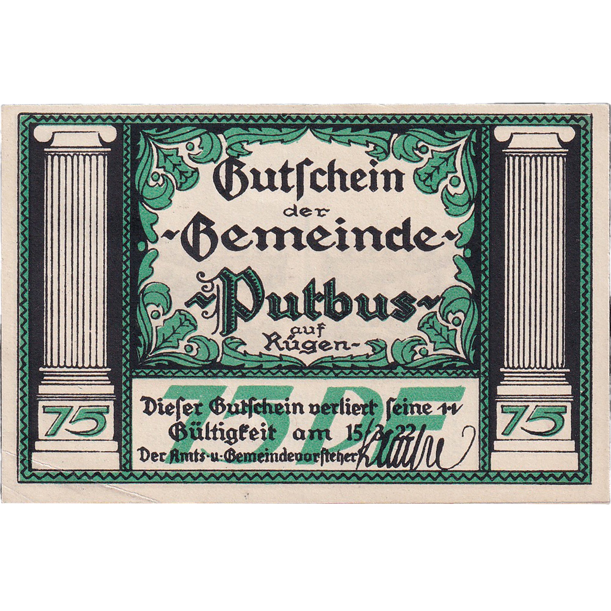 Geldschein, Deutschland, Putbus, 75 Pfennig, colonne 1922-03-15 UNZ- Mehl:1081.1
