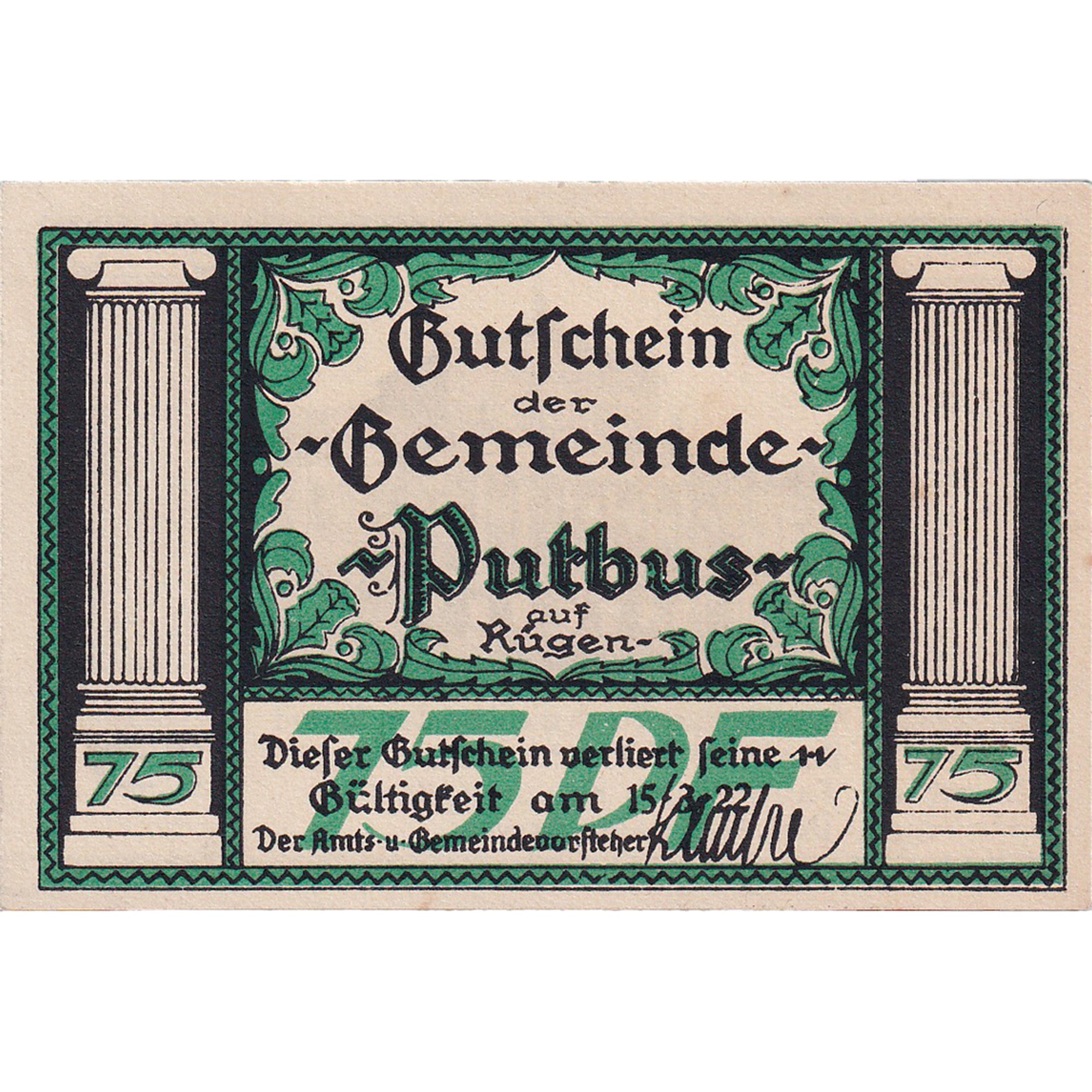 Geldschein, Deutschland, Putbus, 75 Pfennig, château 1922-03-15 UNZ- Mehl:1081.1