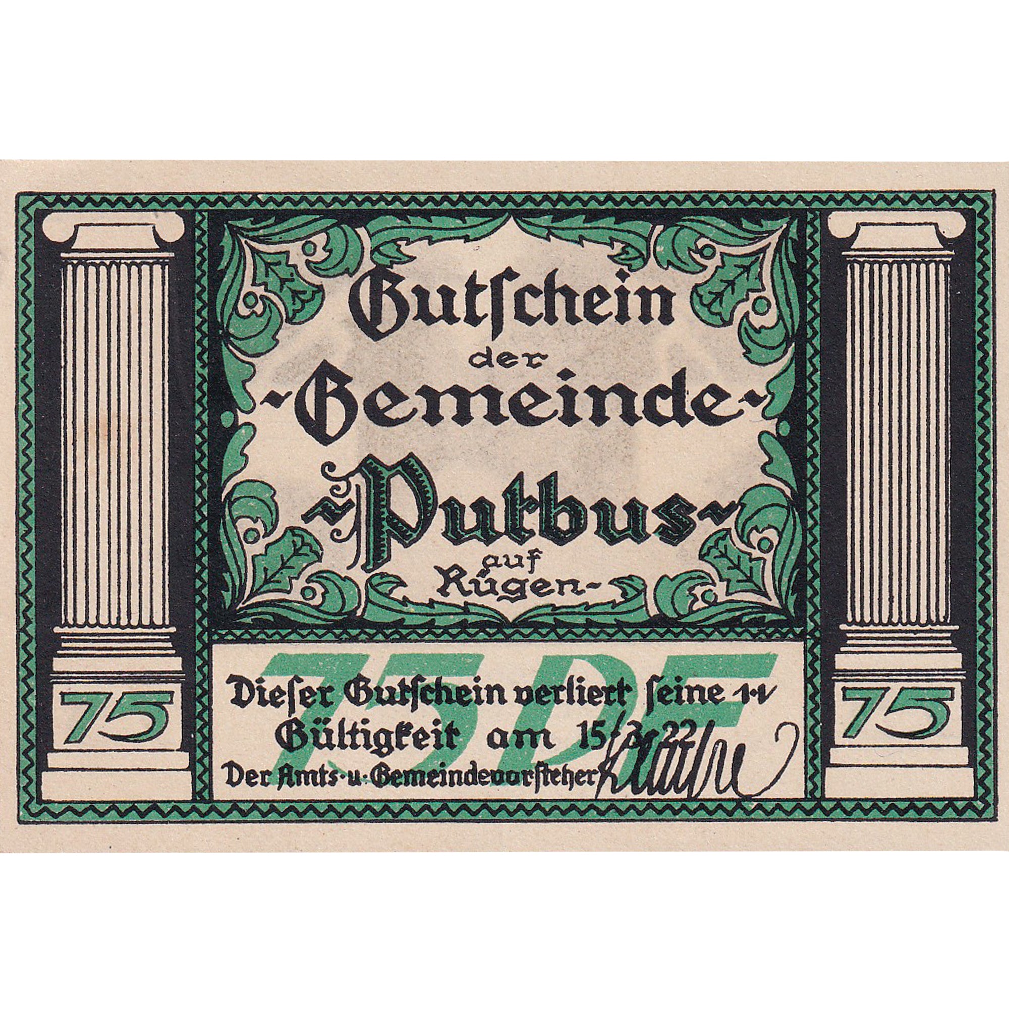 Geldschein, Deutschland, Putbus, 75 Pfennig, entrée, 1922 UNZ- Mehl:1081.1