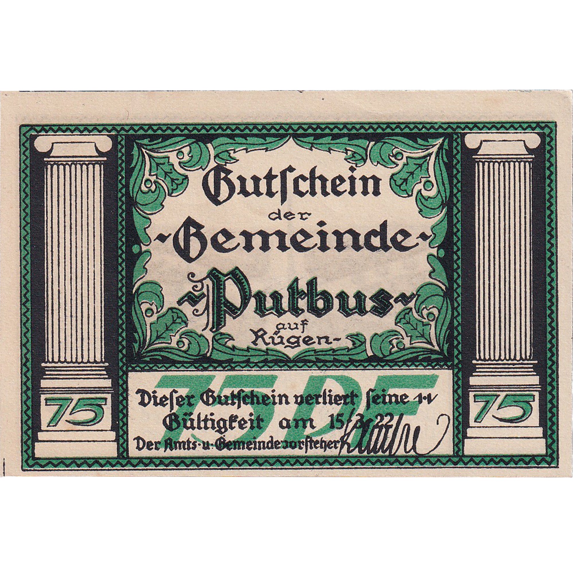 Banknot, Niemcy, Putbus, 75 Pfennig, colonne 1, 1922-03-15, UNC(63) Mehl:1081.1