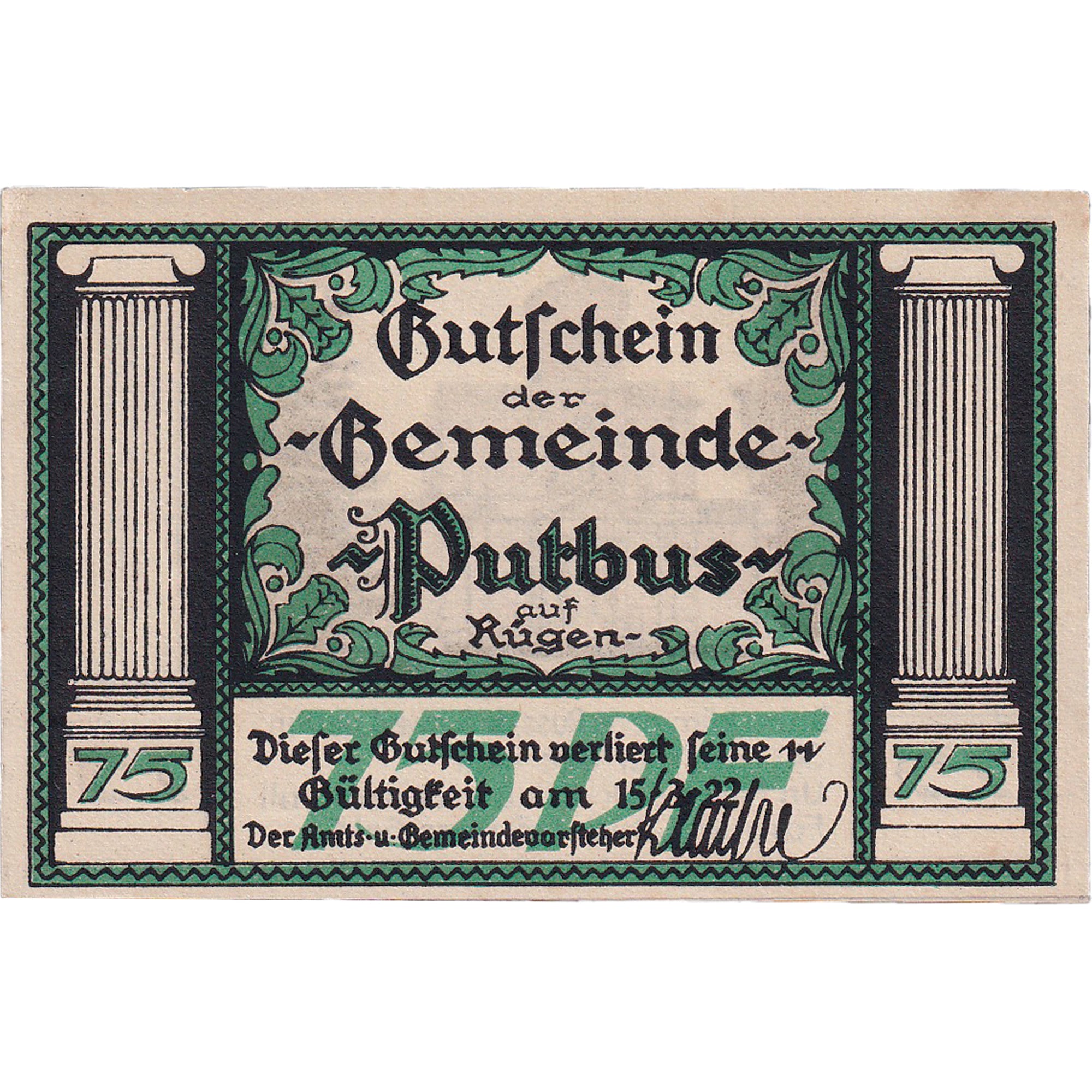 Banknot, Niemcy, Putbus, 75 Pfennig, Eglise 1922-03-15, UNC(63) Mehl:1081.1