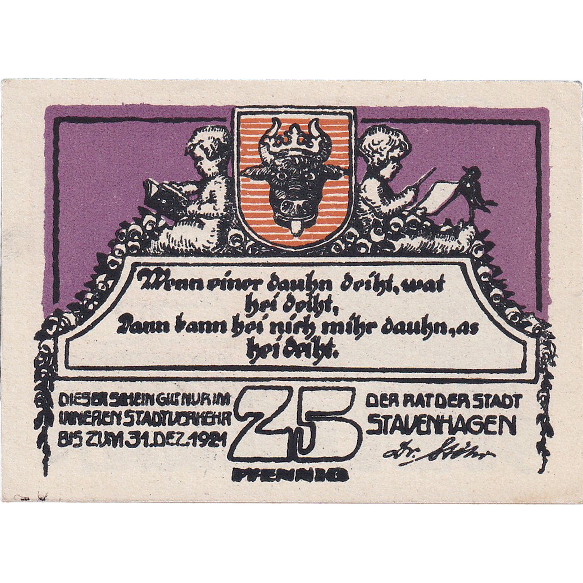 Geldschein, Deutschland, Stavenhagen, 25 Pfennig, personnage, 1921 Mehl:1257.2