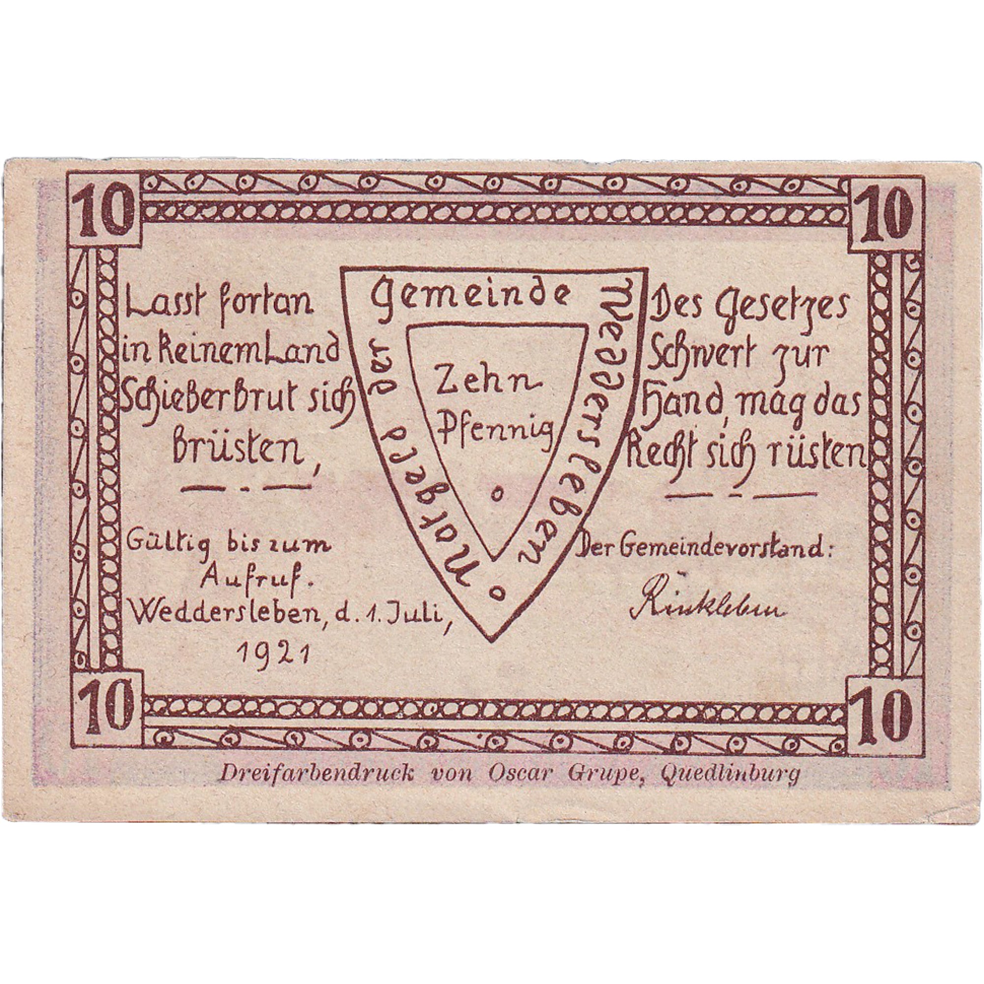Geldschein, Deutschland, Weddersleben, 10 Pfennig paysage 1921 UNZ- Mehl:1386.2a