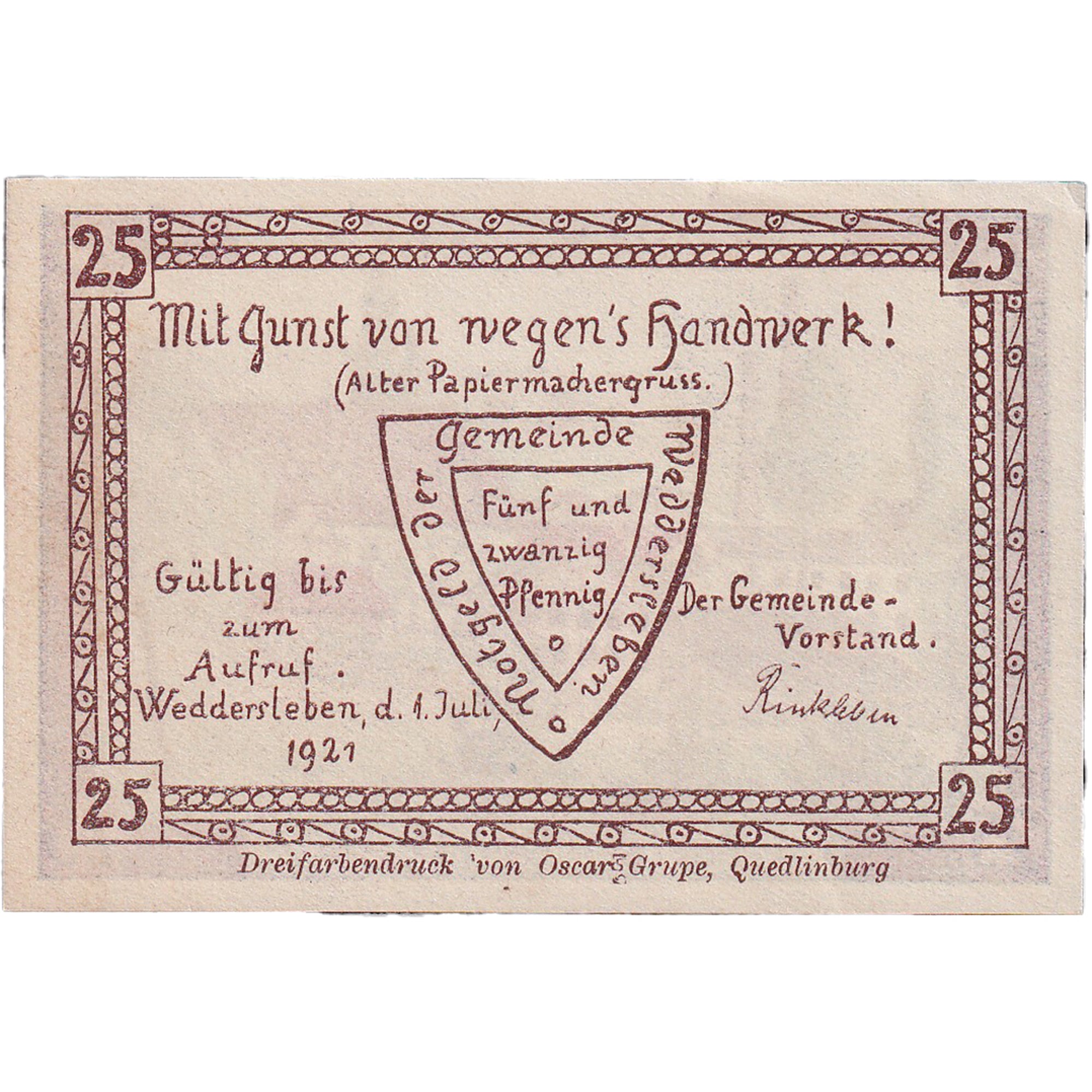 Banconote, Germania, Weddersleben, 25 Pfennig, Usine, 1921, SPL Mehl:1386.2a