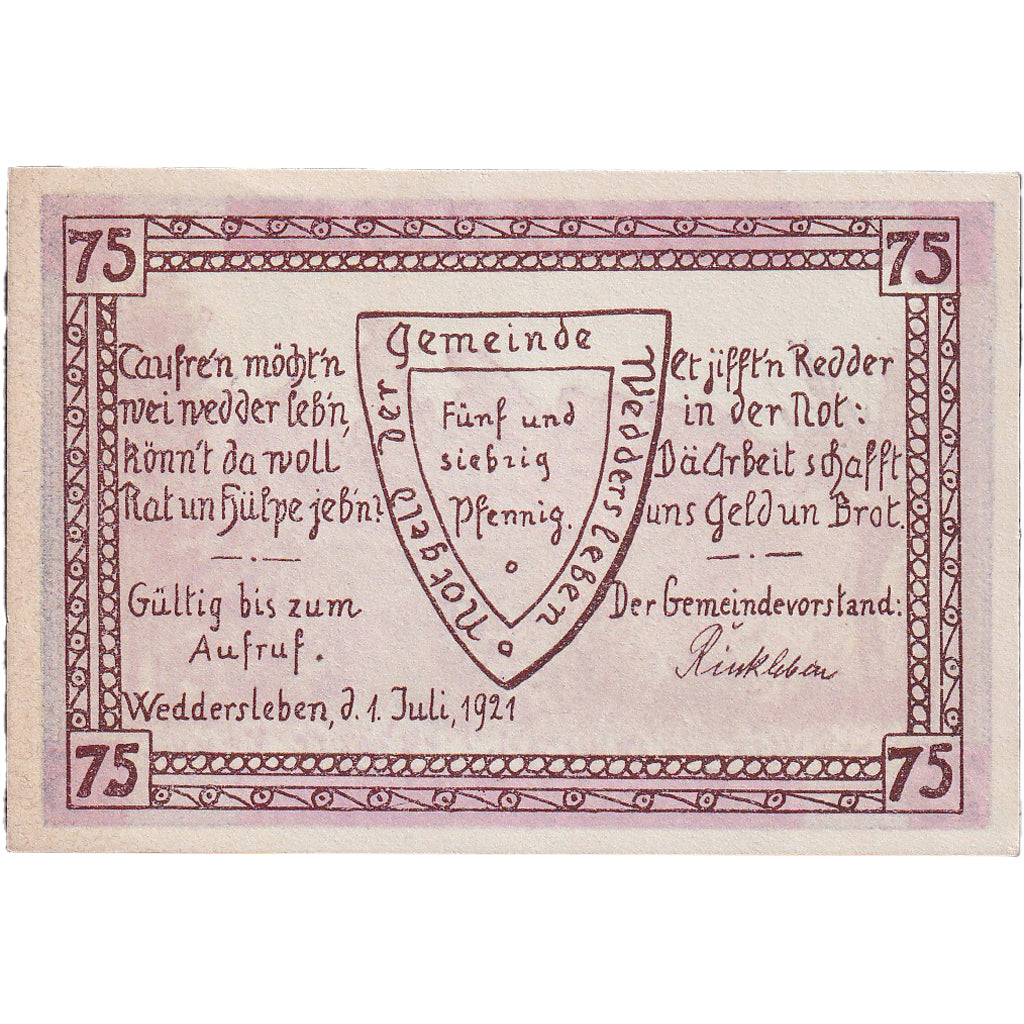 Geldschein, Deutschland, Weddersleben 75 Pfennig montagne 1921 UNZ- Mehl:1386.2a