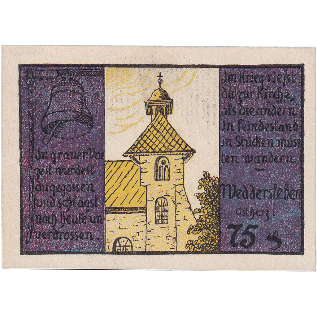Geldschein, Deutschland, Weddersleben, 75 Pfennig, Eglise, 1921 UNZ- Mehl:1386.1