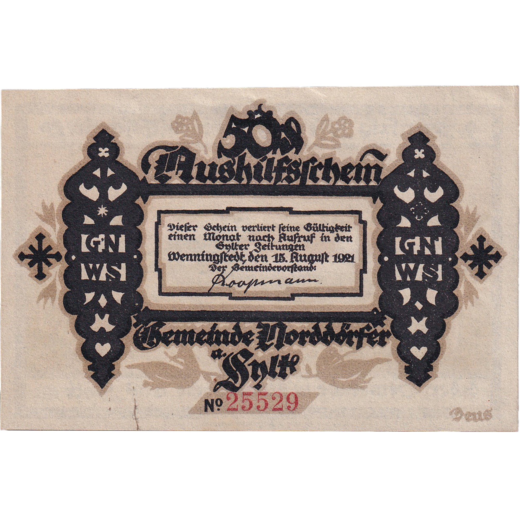 Billet, Allemagne, Wenningstedt, 50 Pfennig, ferme 1921-08-15, SPL Mehl:1405.1