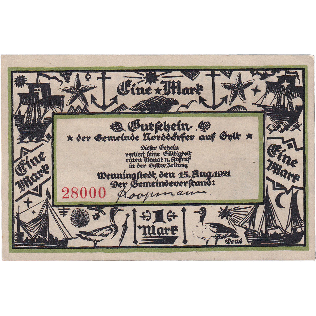 Billet, Allemagne, Wenningstedt, 1 Mark, mer, 1921, 1921-08-15, SPL, Mehl:1405.1