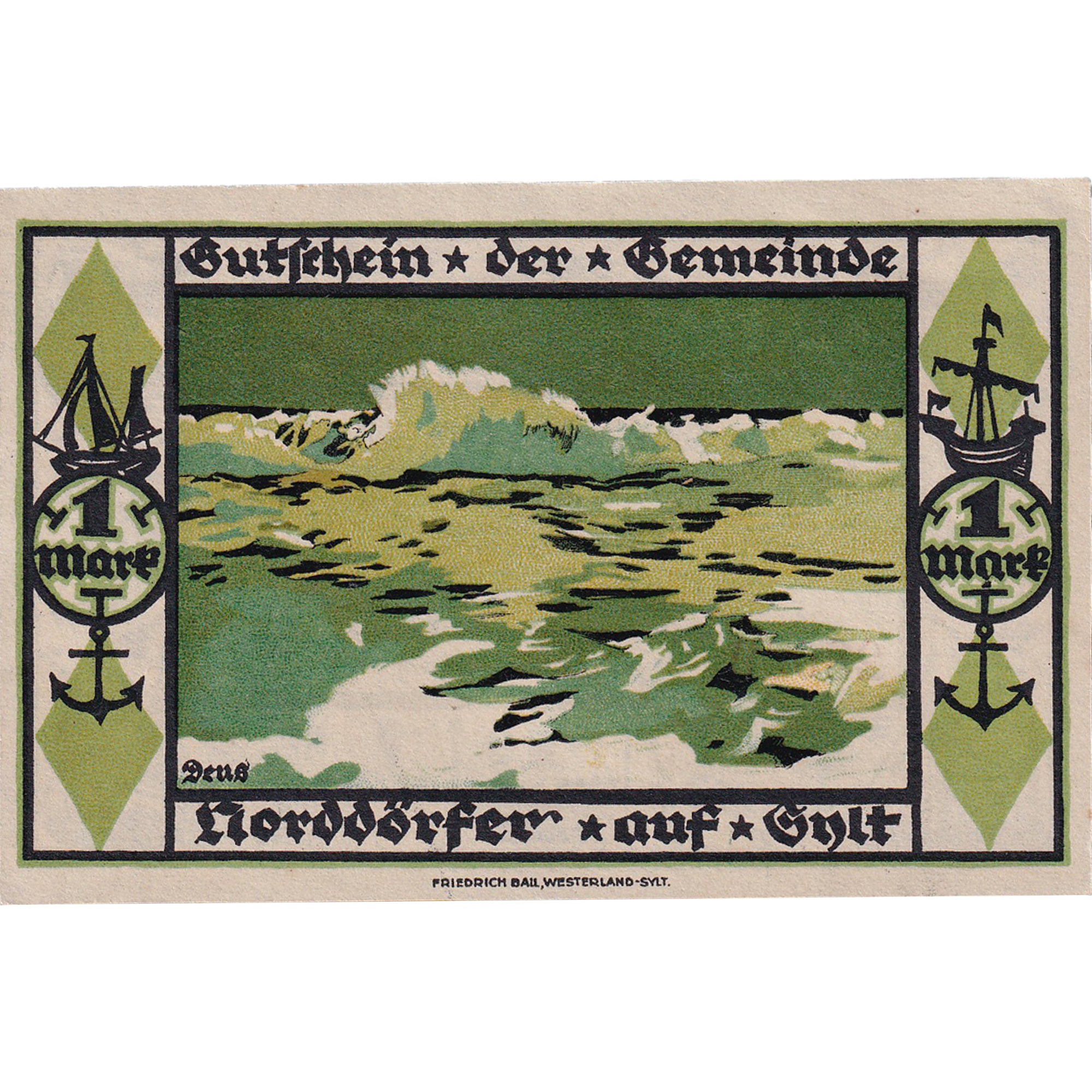 Billet, Allemagne, Wenningstedt, 1 Mark, mer, 1921, 1921-08-15, SPL, Mehl:1405.1