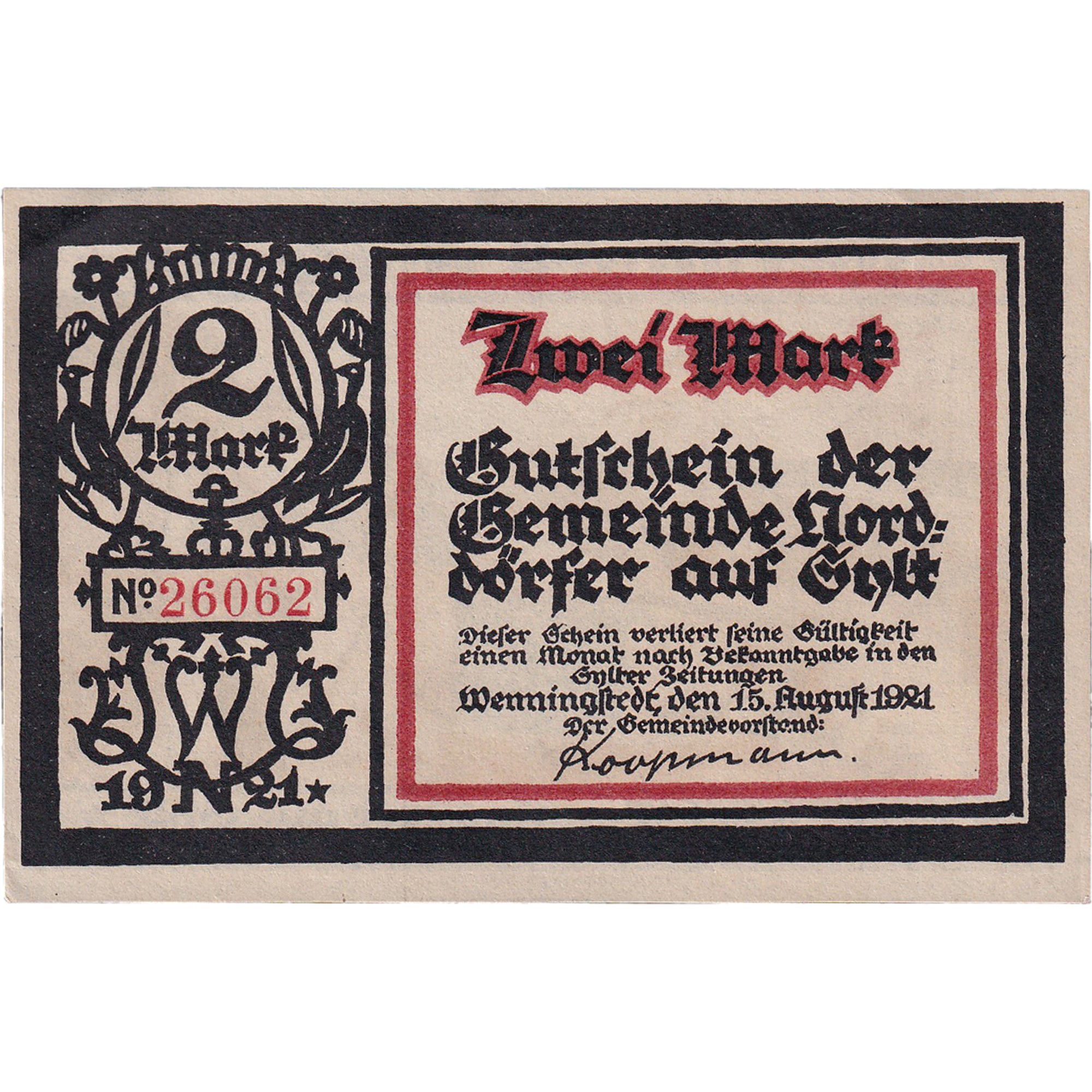 Billet, Allemagne, Wenningstedt, 2 Mark, plage, 1921  SPL Mehl:1405.1