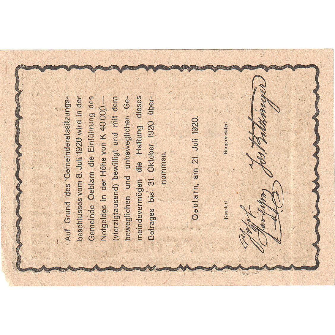 Banconote, Austria, Oeblarn, 20 Heller, Eglise 1920-10-30, SPL-, Mehl:FS 700Ib