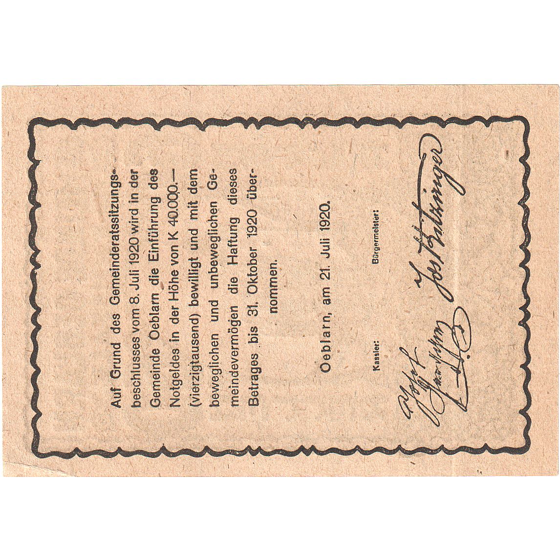 Banconote, Austria, Oeblarn, 60 Heller, Eglise 1920-10-30, SPL Mehl:FS 700Ib