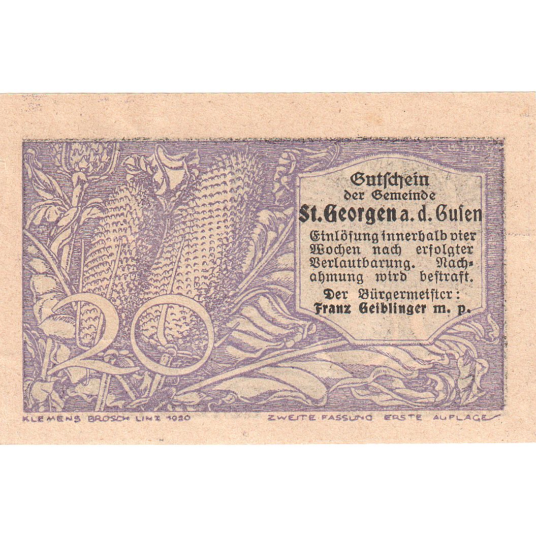 Banconote, Austria, St Georgen, 20 Heller, épis, 1920, SPL, Mehl:FS 886IIb