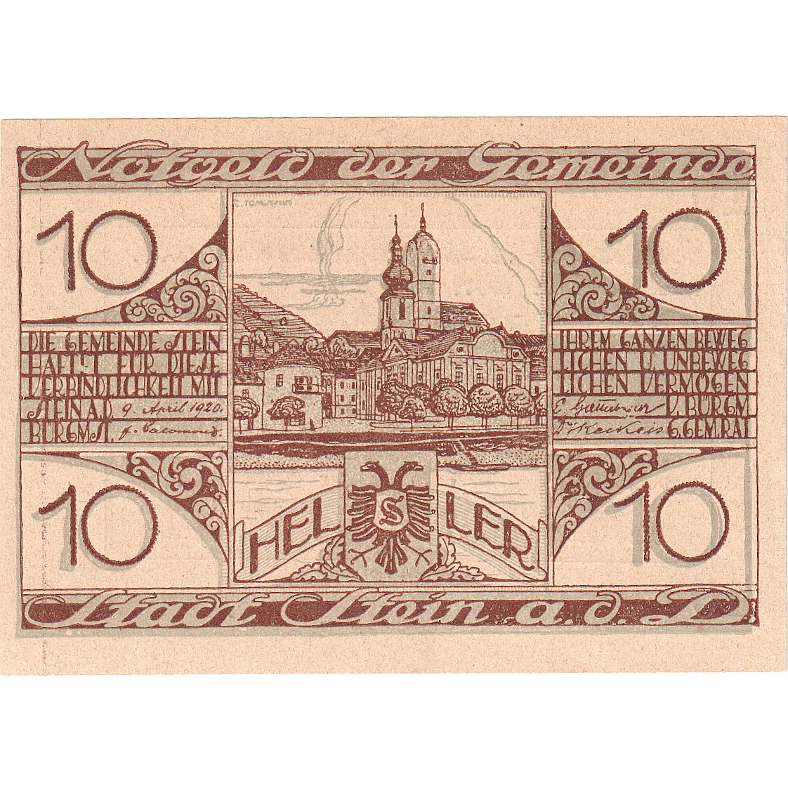 Banknote, Austria, Stein a/d Donau, 10 Heller, paysage 1920 UNC(63) Mehl:1015I.2