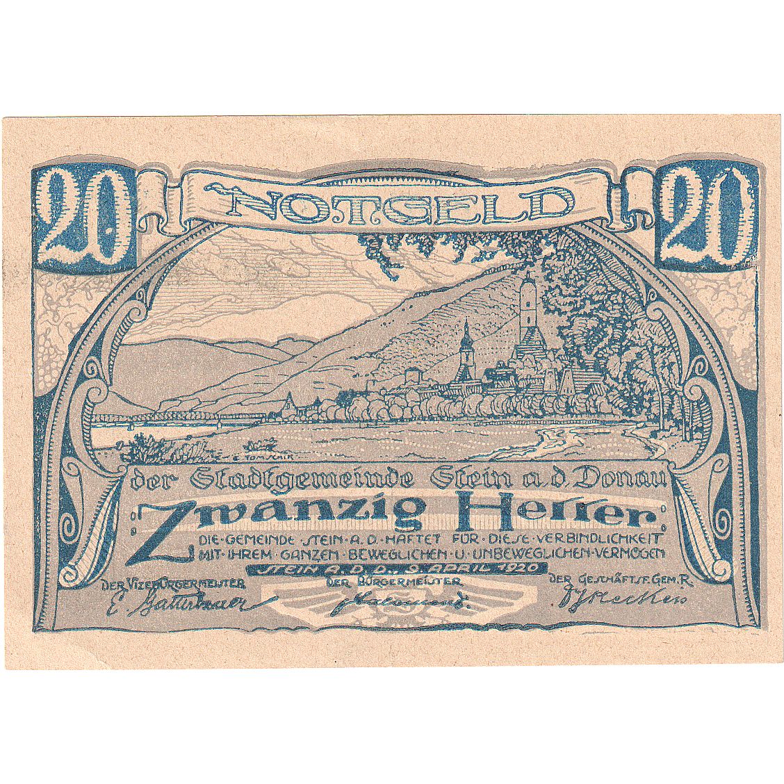 Banknote, Austria, Stein a/d Donau, 20 Heller paysage, 1920 UNC(63) Mehl:1015I.2