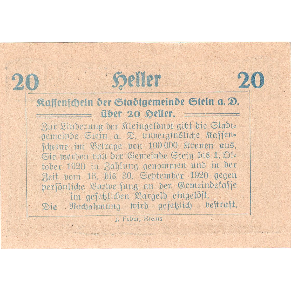 Banknote, Austria, Stein a/d Donau, 20 Heller paysage, 1920 UNC(63) Mehl:1015I.2