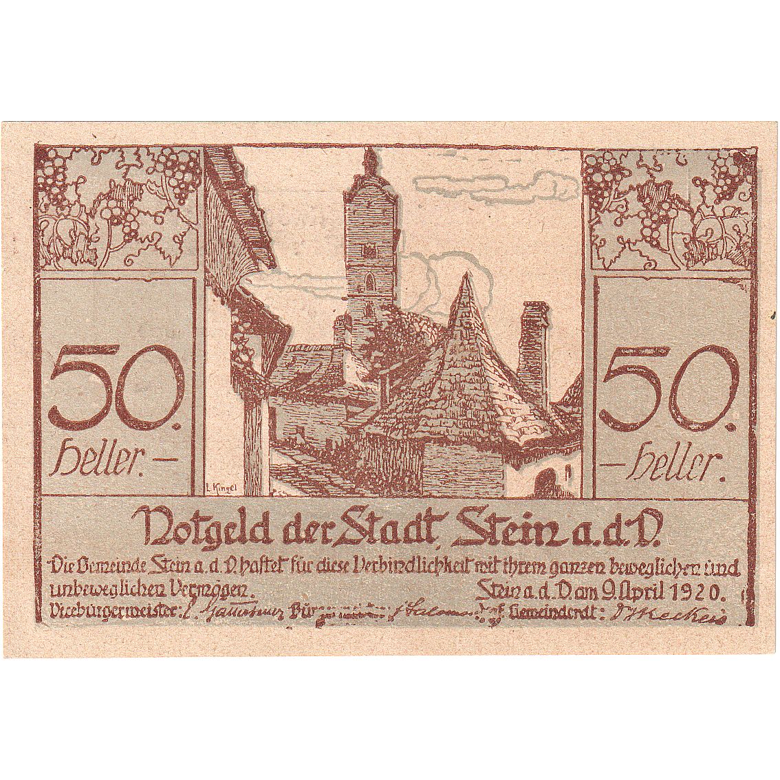 Geldschein, Österreich, Stein a/d Donau, 50 Heller Eglise, 1920 SPL Mehl:1015I.2