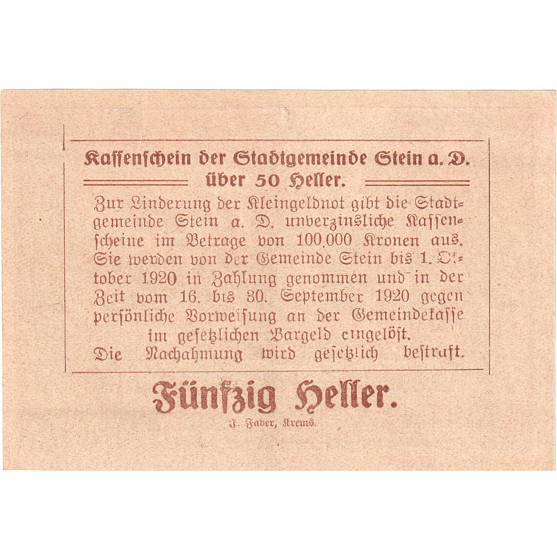 Geldschein, Österreich, Stein a/d Donau, 50 Heller Eglise, 1920 SPL Mehl:1015I.2