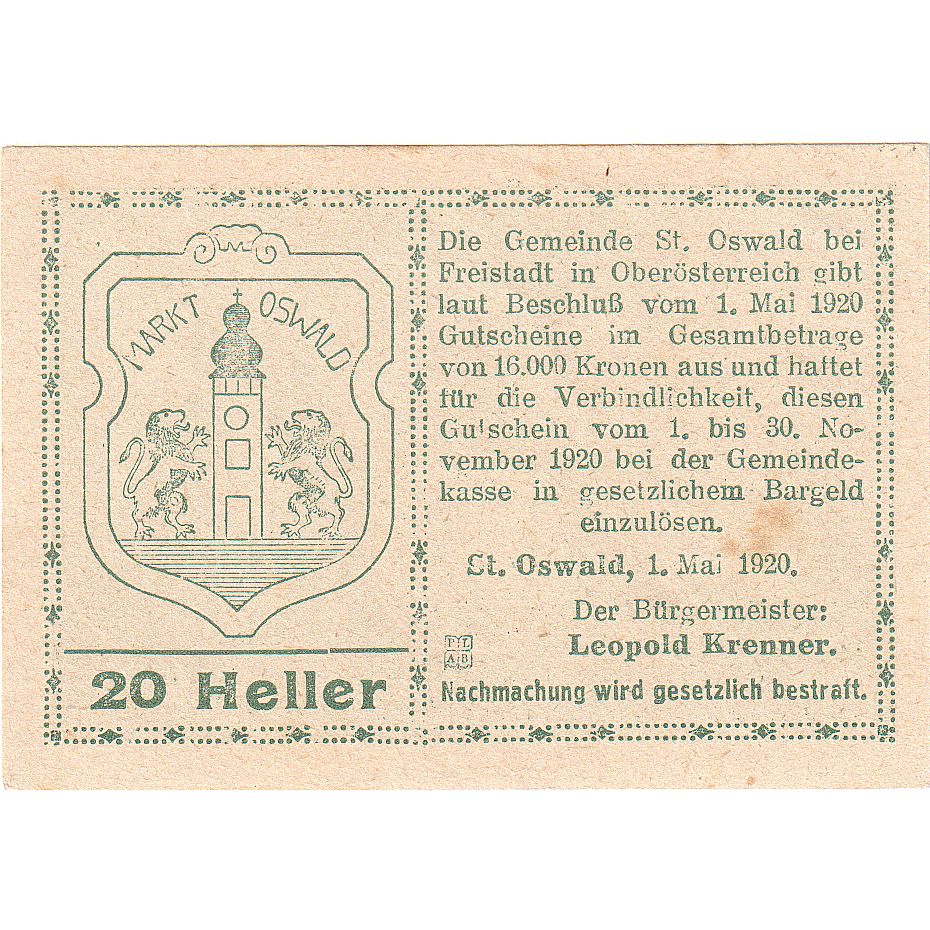 Biljet, Oostenrijk, St Oswald, 20 Heller, Eglise 1920-11-01, SPL, Mehl:FS 917