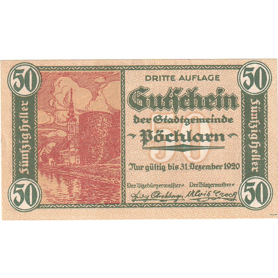 Geldschein, Österreich, Pochlarn, 50 Heller, Eglise, 1920 UNZ- Mehl:FS 755III
