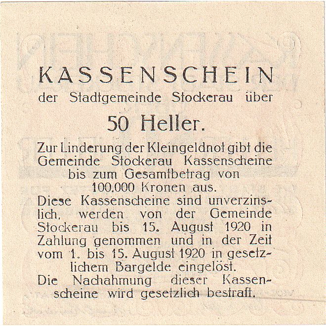 Biljet, Oostenrijk, Stockerau, 50 Heller, Texte 1920-08-15, SPL, Mehl:FS 1038