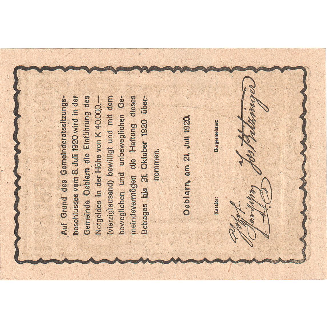 Biljet, Oostenrijk, Oeblarn, 60 Heller, ferme 1920-10-31, SPL Mehl:FS 700IIa
