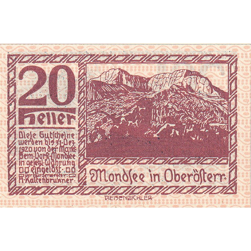 Biljet, Oostenrijk, Mondsee, 20 Heller, rocher, 1920 SPL, Mehl:FS 626a1