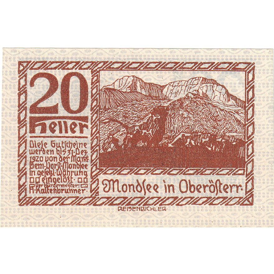 Geldschein, Österreich, Mondsee, 20 Heller, paysage, 1920, UNZ- Mehl:FS 626a1