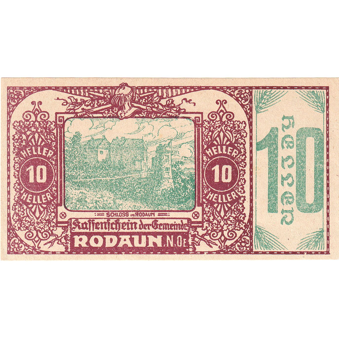 Billete, Austria, Rodaun, 10 Heller, château, 1920, SC, Mehl:FS 840IIa