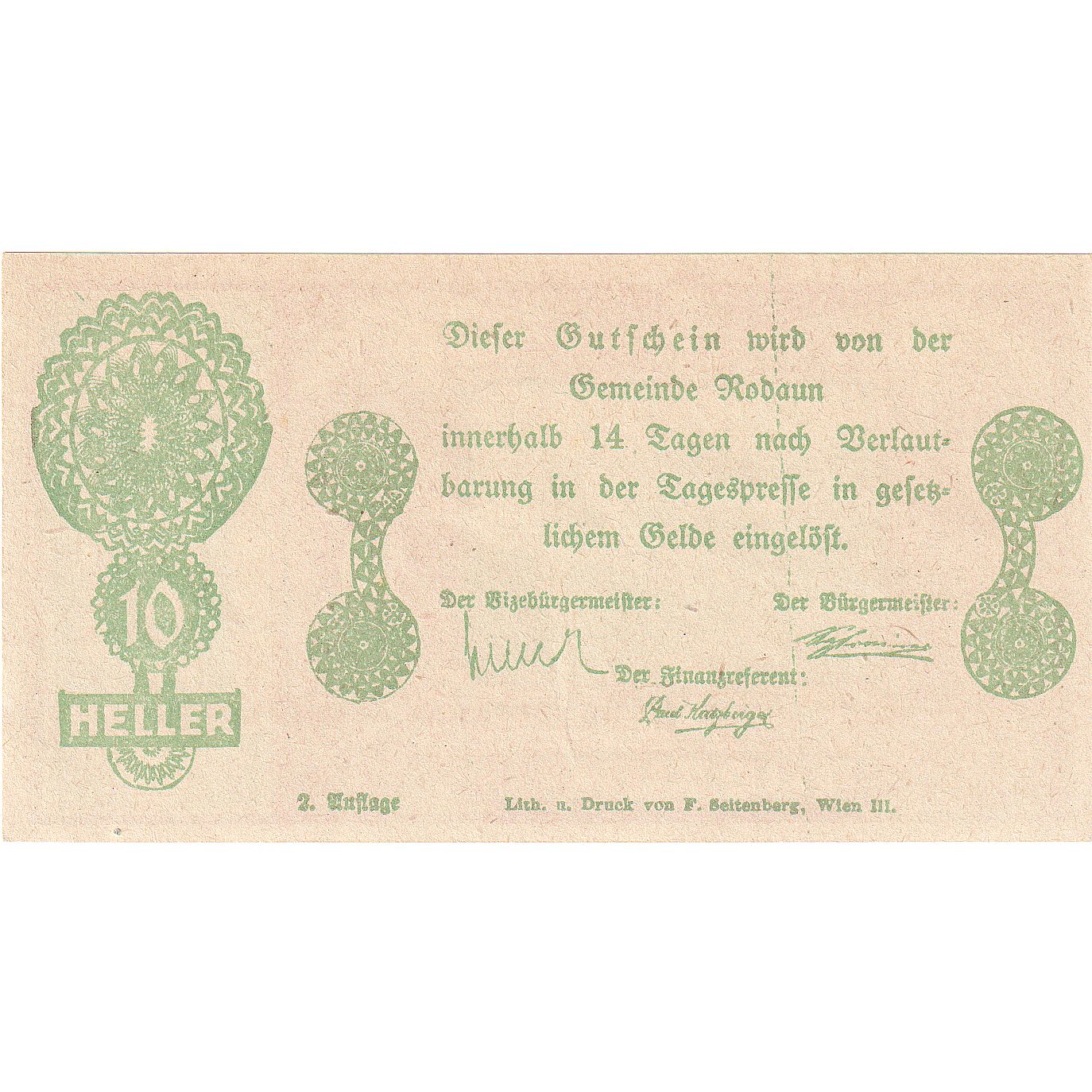 Billete, Austria, Rodaun, 10 Heller, château, 1920, SC, Mehl:FS 840IIa