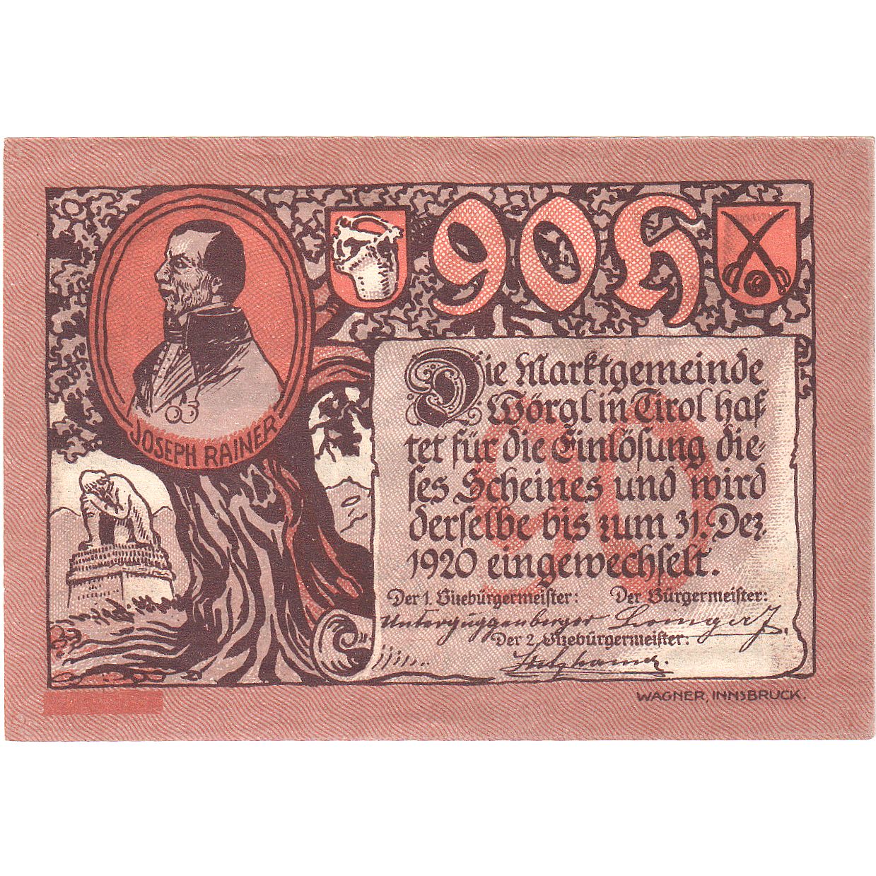 Biljet, Oostenrijk, Worgl, 90 Heller, arbre 1920-12-31, SPL, Mehl:FS 1252a