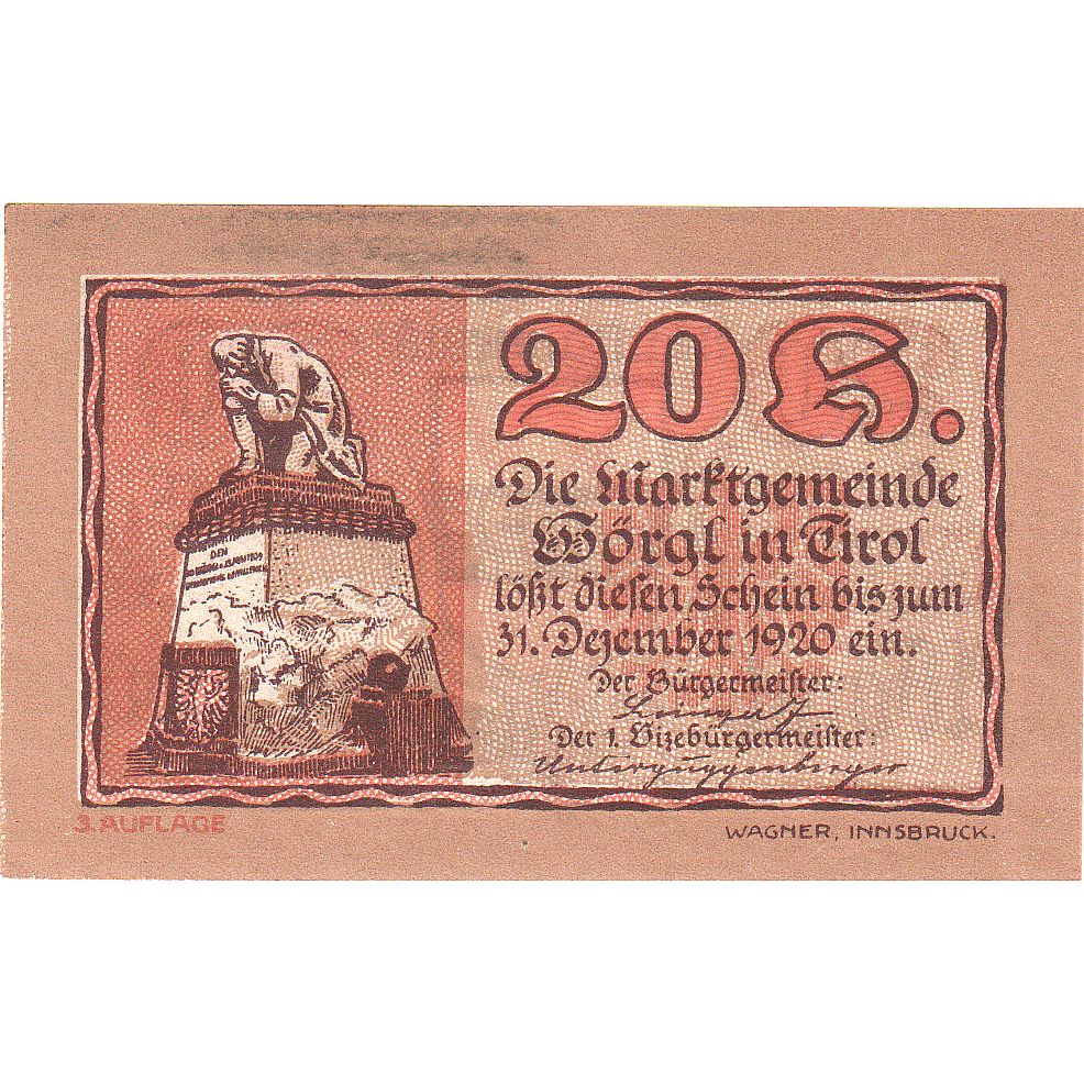 Banconote, Austria, Worgl, 20 Heller, statue 1920-12-31, SPL Mehl:FS 1252a