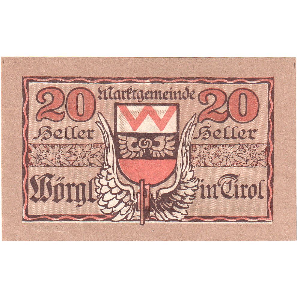 Banconote, Austria, Worgl, 20 Heller, statue 1920-12-31, SPL Mehl:FS 1252a