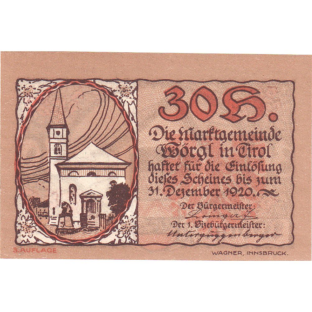 Biljet, Oostenrijk, Worgl, 30 Heller, Eglise 1920-12-31, SPL Mehl:FS 1252a