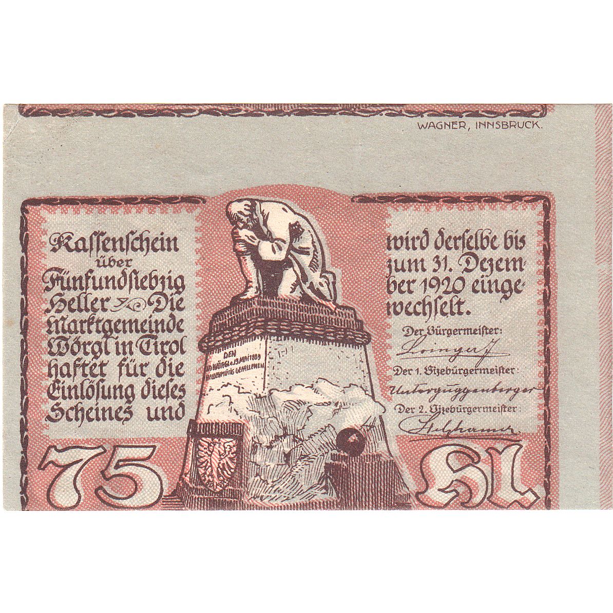 Billete, Austria, Worgl, 75 Heller, paysage, 1920, 1920-12-31, SC, Mehl:FS 1252a