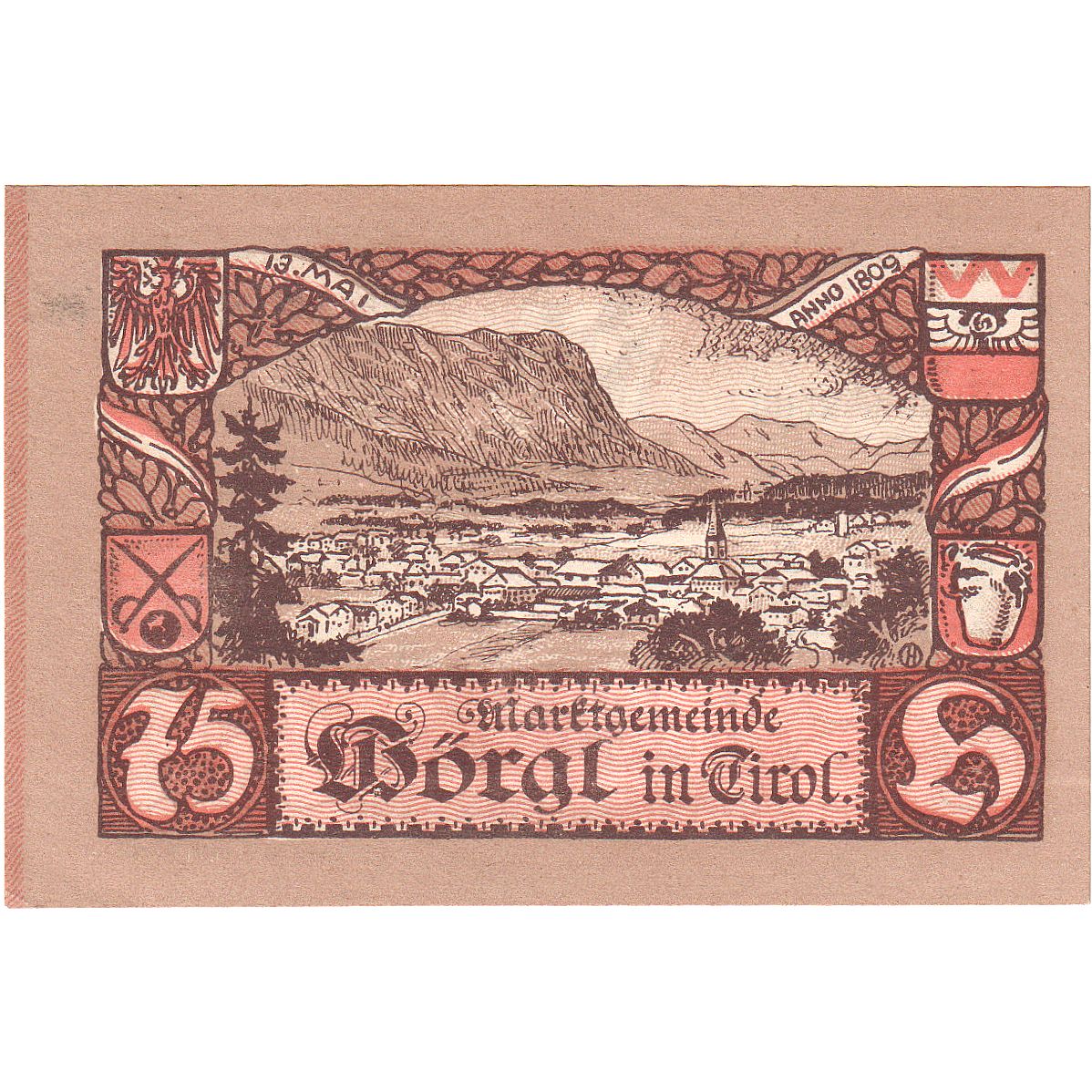 Biljet, Oostenrijk, Worgl, 75 Heller, Monument 1920-12-31, SPL Mehl:FS 1252a