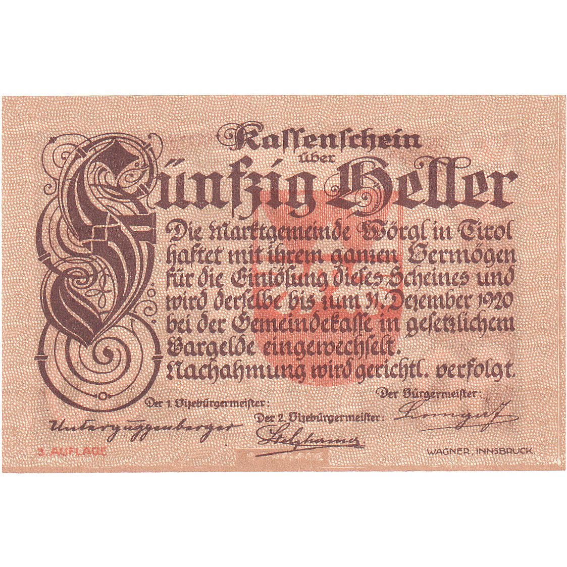 Biljet, Oostenrijk, Worgl, 50 Heller, paysage 1920-12-31, SPL Mehl:FS 1252a
