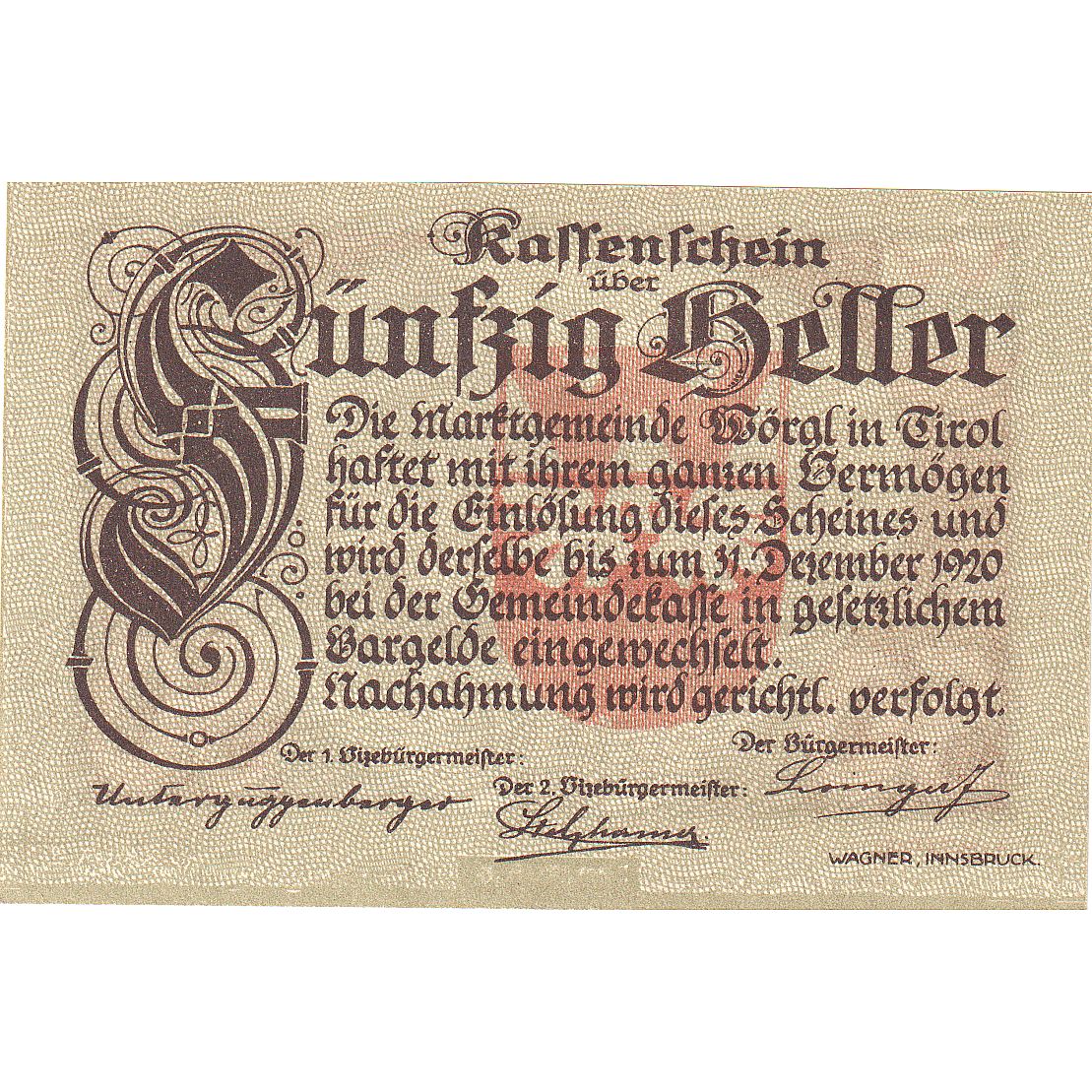 Banknote, Austria, Worgl, 50 Heller, Texte 1920-12-31, UNC(63), Mehl:FS 1252a