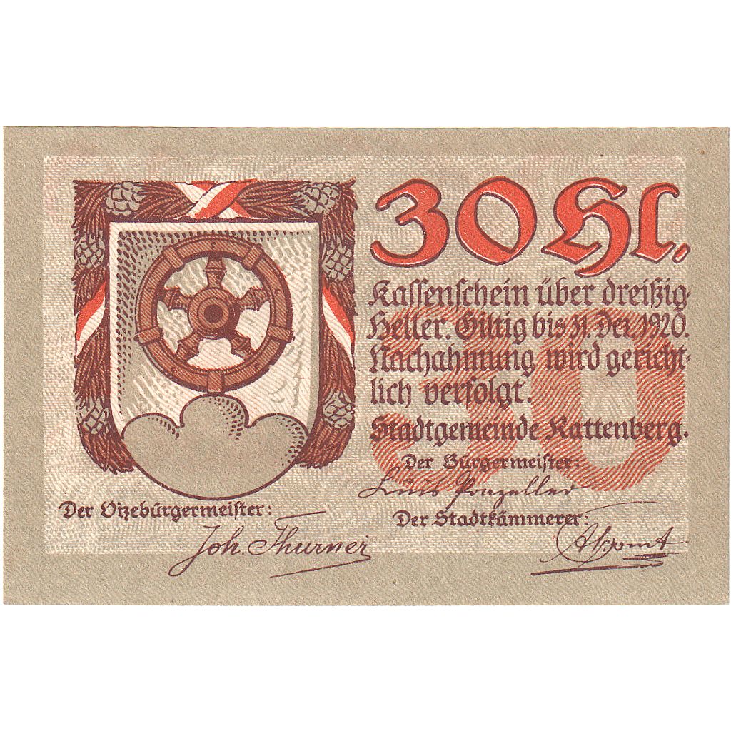 Billete, Austria, Rattenberg, 30 Heller, Blason 1920-12-31, SC Mehl:FS 821I