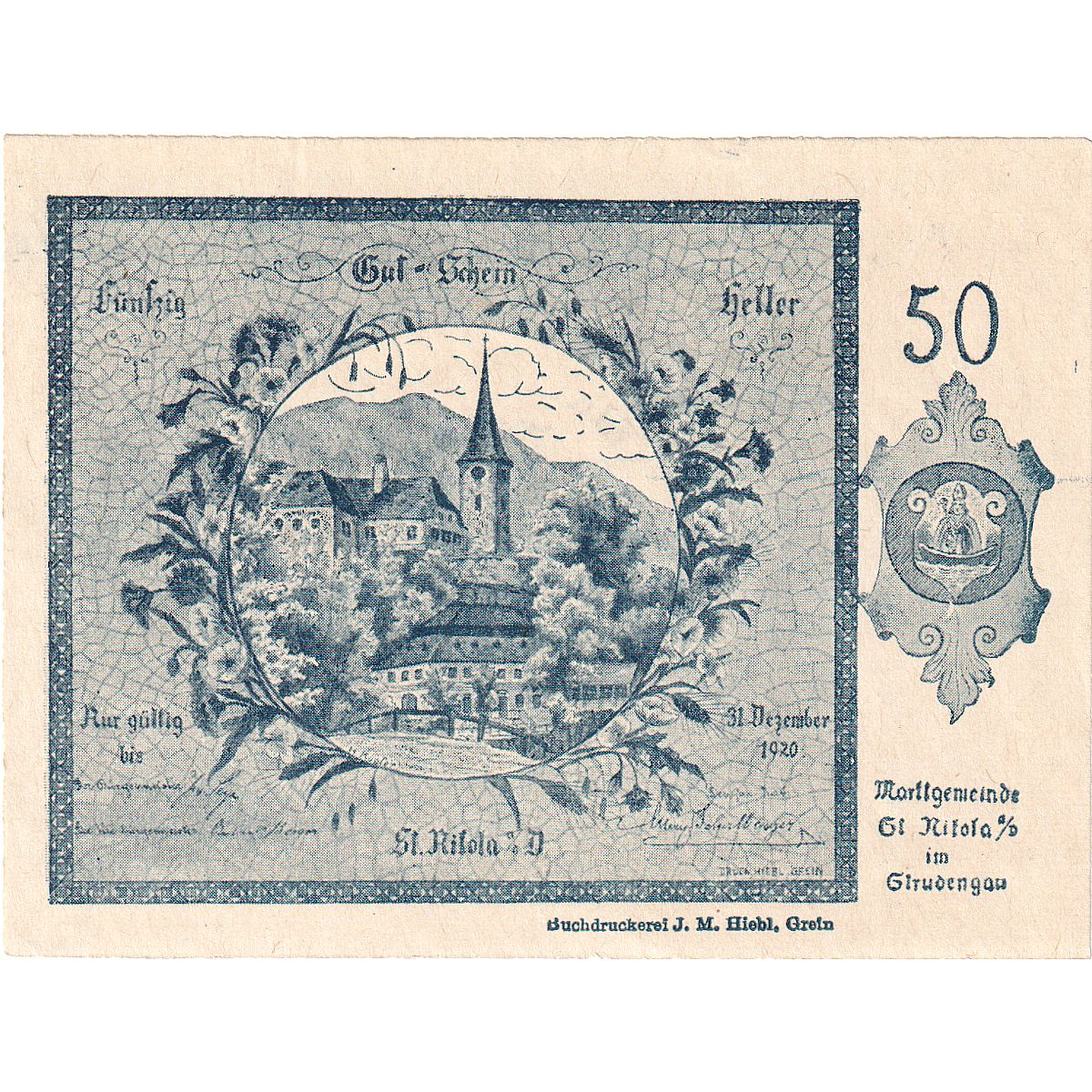 Geldschein, Österreich, St Nikola, 50 Heller, Eglise 1920, UNZ- Mehl:FS 914Ib